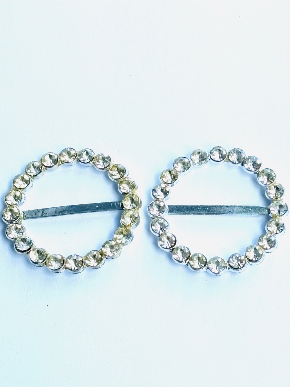Vintage Clear Crystal Rhinestone Round Scarf Buckles Silver Tone Matching Pair
